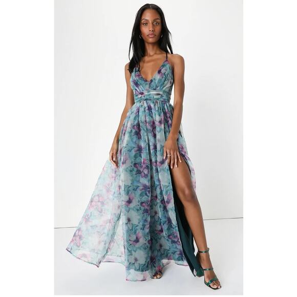 Lulus Romance That Wows Dark Teal Floral Print Organza Maxi Dress Size S - Picture 9 of 13